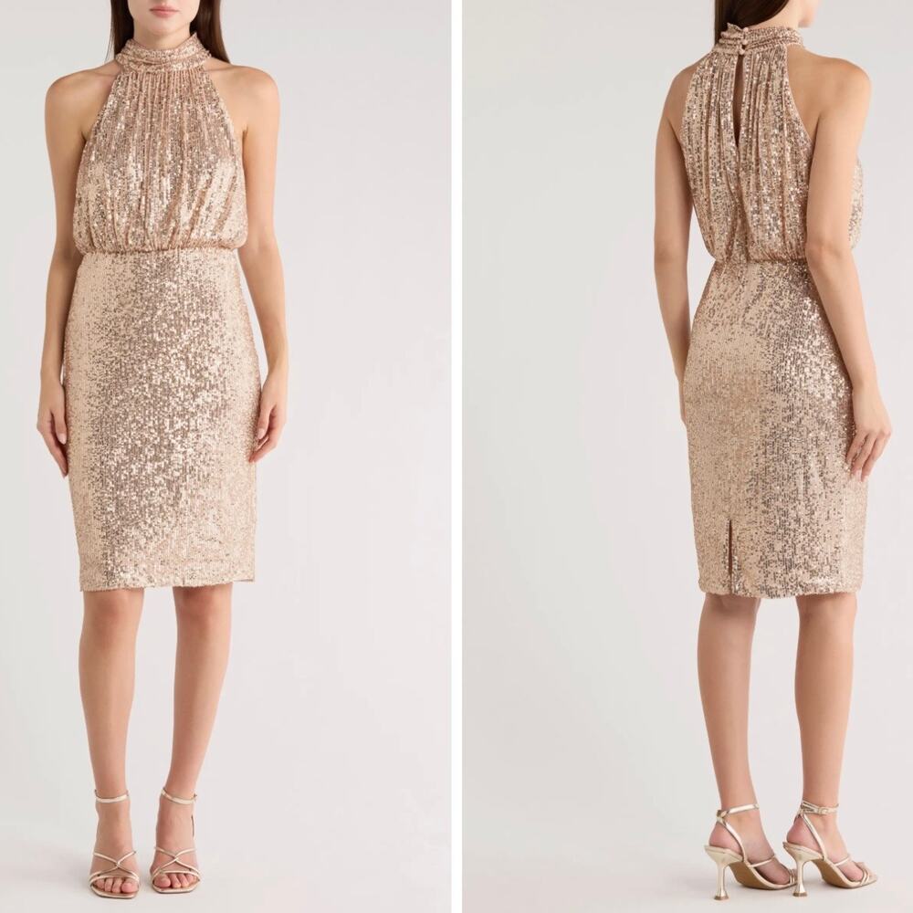 NWT Eliza J Rose Gold Sequin Mock Neck Sleeveless Blouson Cocktail Dress Size 4